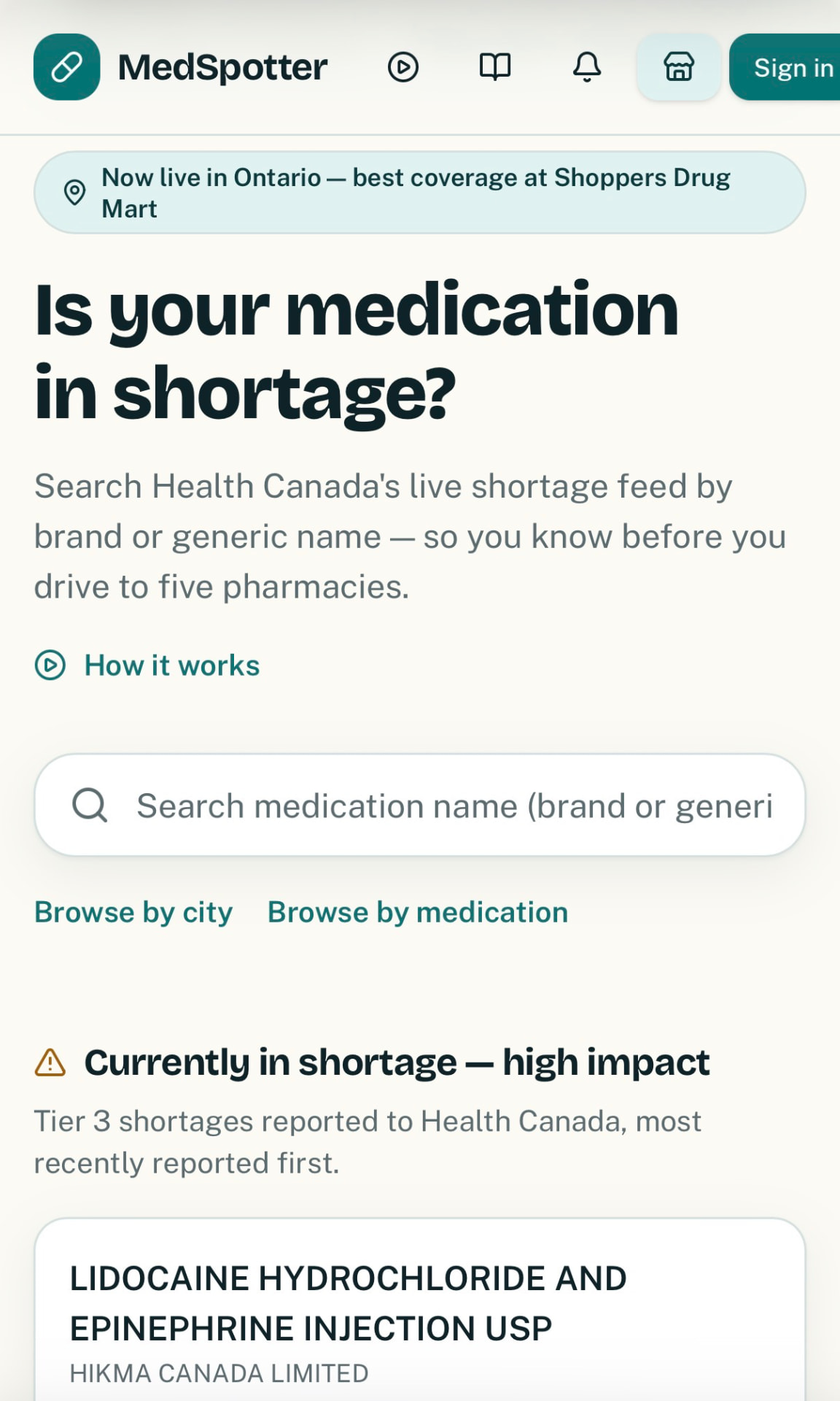 MedSpotter Canada — Application web de suivi des pénuries de médicaments au Canada : recherche dans les données de Santé Canada, disponibilité en pharmacie et signalements de la communauté.