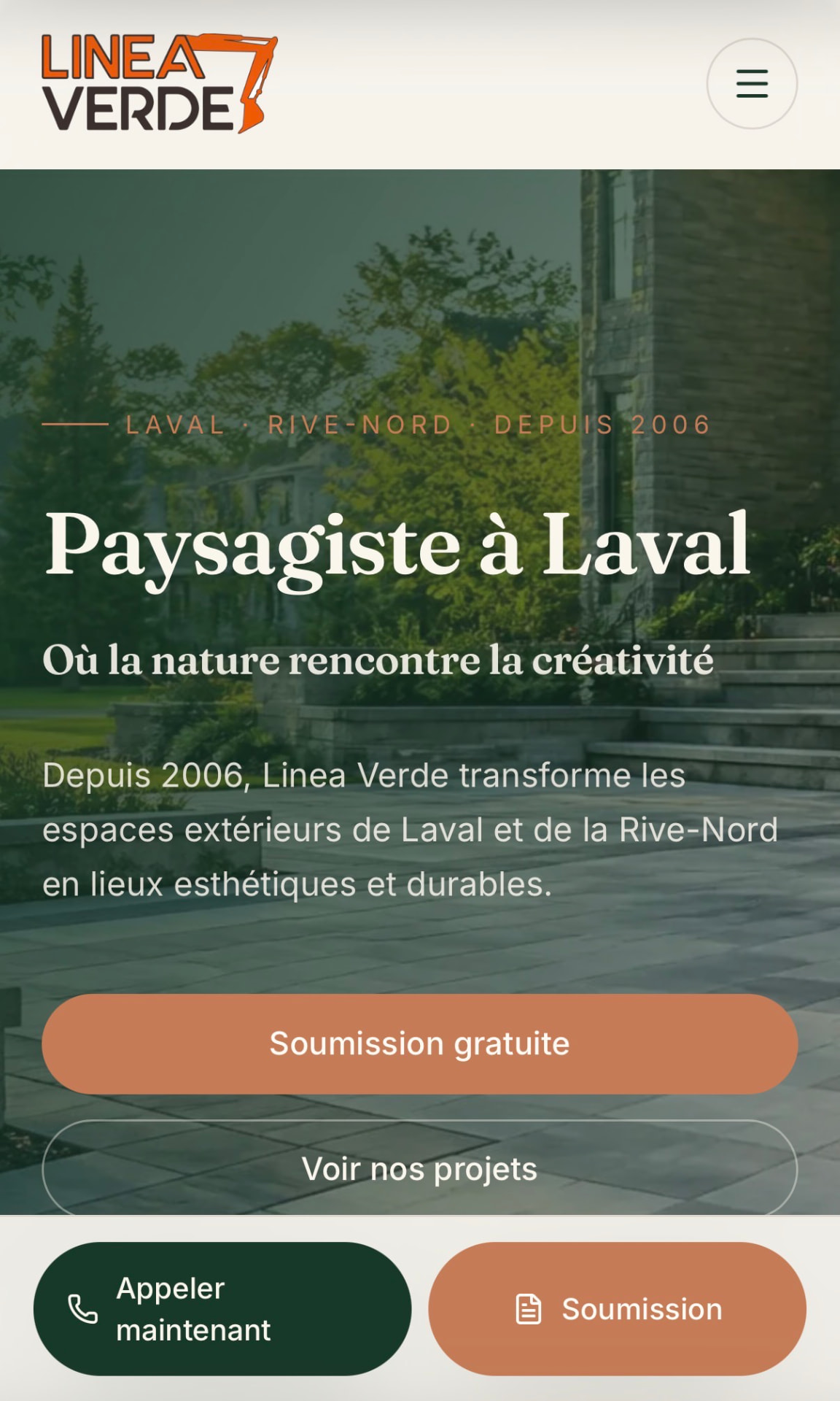 Linea Verde — Refonte du site d’une entreprise d’aménagement paysager et de pavé uni à Laval, établie depuis 2006 : un design plus moderne, plus clair et adapté au mobile.